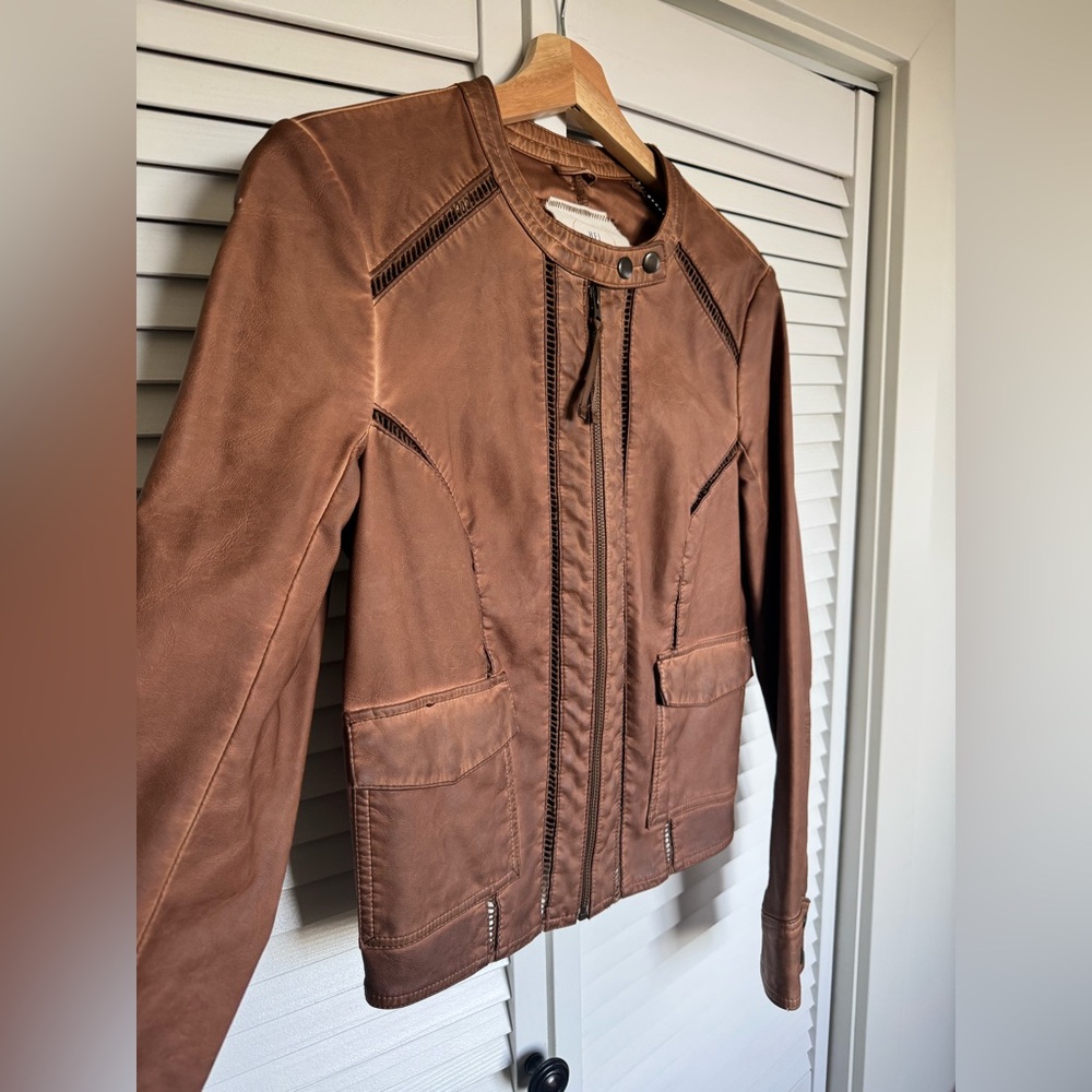 Hei Hei Anthropologie Brown Moto Jacket Petite Ribbed Hem Biker Full Zip | Small - Picture 3 of 10